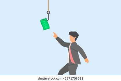 Money bait illustration. Financial trap. A business man who are interested in catching money tied to fishing hook. illogical business profits. fake investment. Risky investment