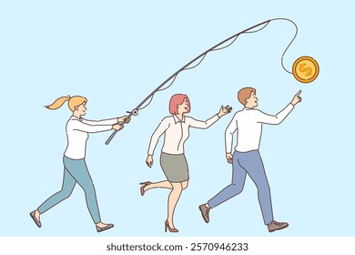 Money bait for office employees running after coin tied to fishing rod of cunning manager. Business woman boss uses money bait to motivate staff and set corporate goals and objectives