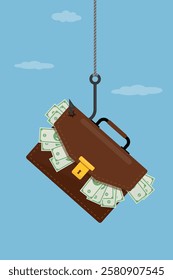 Money bait and trap, business concept. Briefcase full money on the fishing hook. Business metaphor about debt and making unrealistic profits. Bribe, fake offer, risk management. Vector illustration