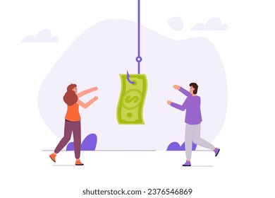 Geldköder, Geldfalle-Konzept. Dollar auf dem Angelhaken. Vektorgrafiken für Banner, Website, Landing Page, Flyer.