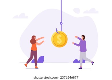 Money bait, money trap concept. Dollar on the fishing hook. Vector illustrations for banner, website, landing page, flyer.