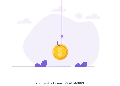 Money bait, money trap concept. Dollar on the fishing hook. Vector illustrations for banner, website, landing page, flyer.