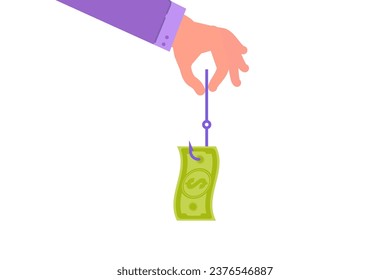 Money bait, money trap concept. Dollar on the fishing hook. Vector illustrations for banner, website, landing page, flyer.