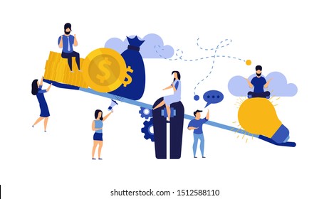 Money Balance On Scale Comparison Equilibrium Vector Business Illustration. Idea Light Bulb And Gold Coin Finance. Man And Woman Concept Income Investment Earning. Profit Work Report Weight Cashflow 