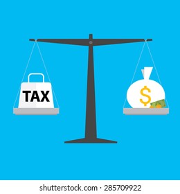 Money balancing with TAX on scales. TAX burden.