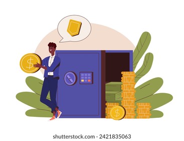 Money in bank concept. Young guy near safe with golden coins and banknotes. Financial literacy and passive income. Cash safety. Cartoon flat vector illustration isolated on white background