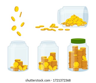 Money in bank, gold coin. Flat cartoon currency sign flying, conservation and saving. Concept finance and banks, investments. Jar hundreds cash fall. Isolated on white background