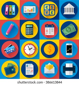 Money and bank icon set. Flat designed style.