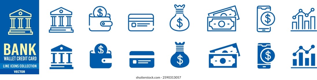 Money bank icon set vector. Editable stroke vector.