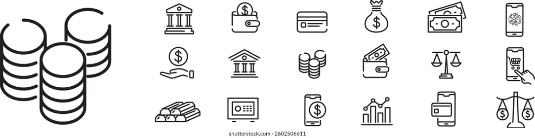 Money bank icon set vector. Editable stroke vector.
