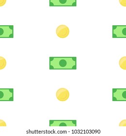 Money, bank notes and coins on white background , seamless vector
