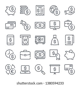 Money and bank related line icon set. Cash and Banking linear icons. Finance and payment outline vector sign collection.