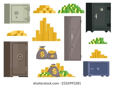 Dinero y cajas fuertes bancarias. Financiar el ahorro. Pilas de monedas. Barras preciosas. Paquetes de billetes. Cajas metálicas para guardar objetos de valor. Cerraduras de combinación. Economía y prosperidad. Vector