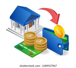Money from bank to wallet in isometric illustration