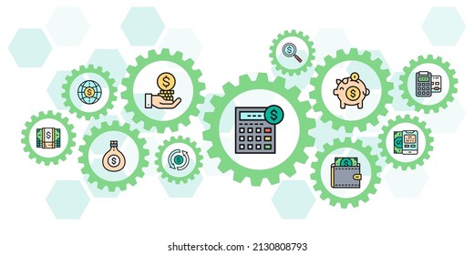 Banner vectorial de iconos de color dinero y banca. Tarjeta de crédito, Cambio de divisas, Atm, Ilustración de banner de cabecera web de Terminal.