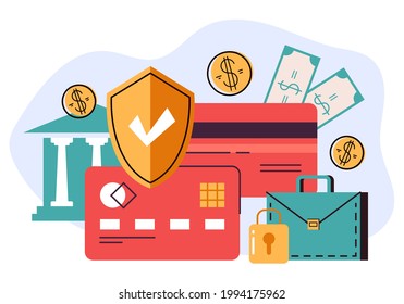 Money banking credit card security protecting concept. Vector flat cartoon graphic illustration
