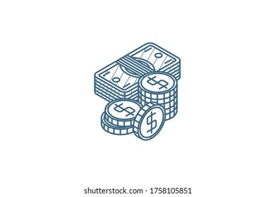 money banking with dollar banknotes and coins isometric icon. 3d vector illustration. Isolated line art technical drawing. Editable stroke