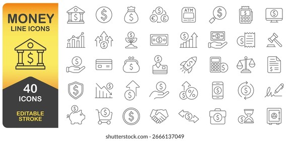 Money and Banking Editable Stroke Line Icons Set. Personal Finance Thin Line Icon Collection. Budget, Savings, Expense, Income, Loan, Dollar, Euro, Pound. Isolated Vector Illustration Image.