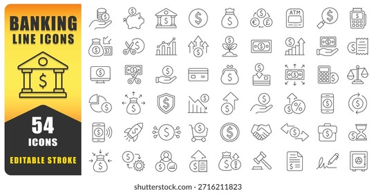 Dinheiro e Banco Editável Traço Linha Ícone Set. Coleção de Ícones de Linha Fina de Finanças Pessoais. Orçamento, Poupança, Despesa, Receita, Empréstimo, Dólar, Euro, Libra. Ícones de vetor isolados.