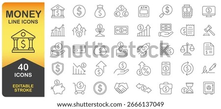 Money and Banking Editable Stroke Line Icons Set. Personal Finance Thin Line Icon Collection. Budget, Savings, Expense, Income, Loan, Dollar, Euro, Pound. Isolated Vector Illustration Image.