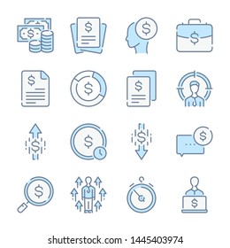 Money, Banking and Finance related blue line colored icons.