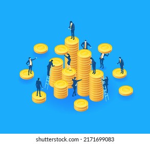 Money, banking, investment strategy and financial advisory I isometric business illustration.  Business people, banker working hard towards the success. 