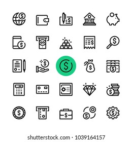 Money, banking line icons set. Modern graphic design concepts, simple outline elements collection. 32x32 px. Pixel perfect. Vector line icons