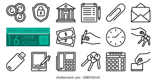 Money and banking operations. Digital tablet, signature, money, cash, coins, transfer, security, flash card. Set of simple linear icons