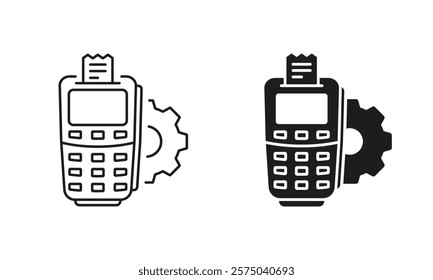 Money Banking Payment. Financial Settings on POS Line and Silhouette Icon. Finance Electronic Wireless Device Pictogram. Bank Terminal. Editable Stroke. Isolated Vector Illustration.