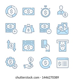 Money, Banking, Payment and Investment related blue line colored icons.