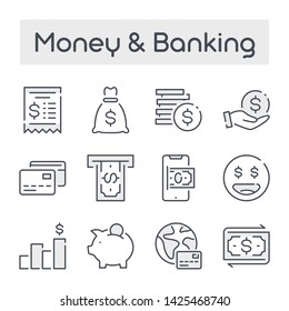 Money and Banking related Thin Line Set with Gray Shades of vector icons.