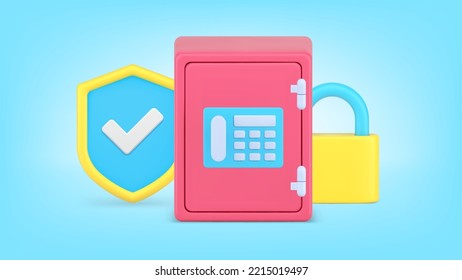 Money banking safe financial account protection deposit investment secure realistic 3d icon vector illustration. Commercial risk insurance savings support bank customer authentication checking system