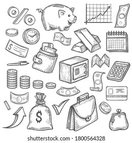 Money And Banking Sketch. Hand Drawn Dollar Banknote And Coin, Piggy Bank And Business Chart. Wallet, Gold Bar Finance Investment Vector Set, Financial Objects As Credit Card, Briefcase