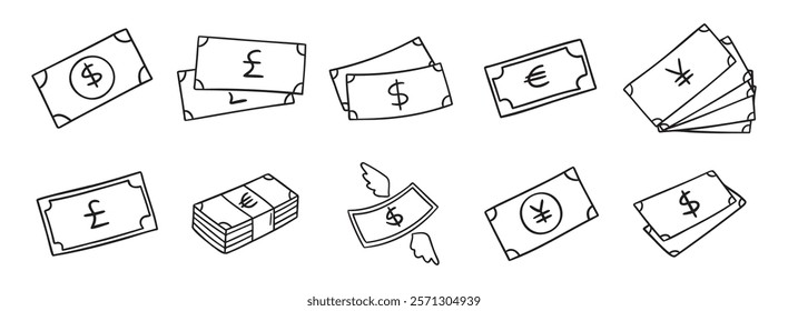 Money banknote. Different currencies, dollars, euros, pounds and yuan doodle hand drawn icon set. Outline drawing paper money in cash line clipart symbol collection. Vector illustration