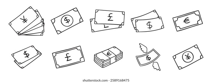 Money banknote. Different currencies, dollars, euros, pounds and yuan doodle hand drawn icon set. Outline drawing paper money in cash line clipart symbol collection. Vector illustration