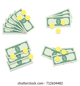 Money banknote fan and golden coins. Money icon dollar, finance cash stack, vector illustration