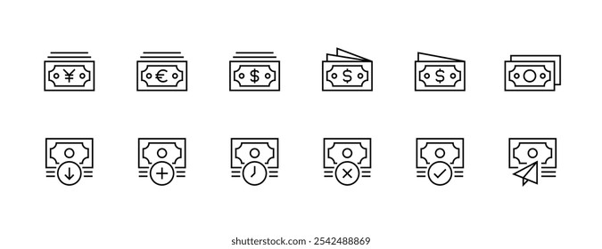 Money and banknote icon collection. Bill, currency, budget, deposit, earning, cash and more. Editable stroke. Pixel Perfect. Grid base 32px.
