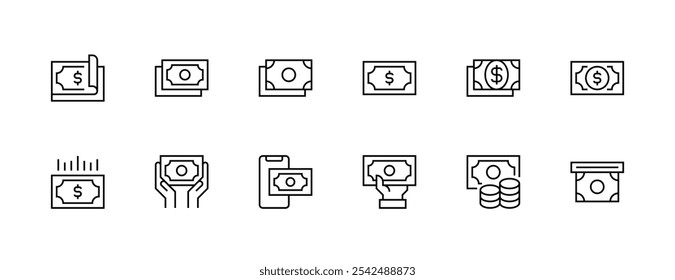 Money and banknote icon collection. Bill, currency, budget, deposit, earning, cash and more. Editable stroke. Pixel Perfect. Grid base 32px.