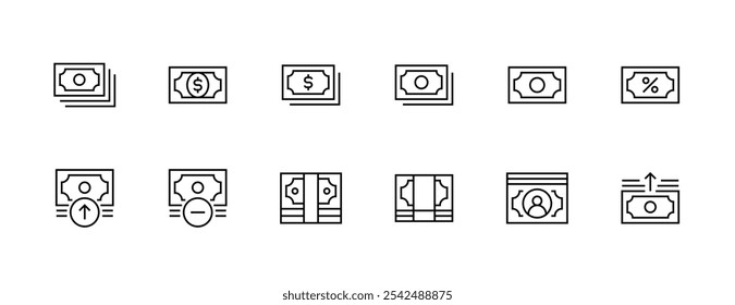 Money and banknote icon collection. Bill, currency, budget, deposit, earning, cash and more. Editable stroke. Pixel Perfect. Grid base 32px.