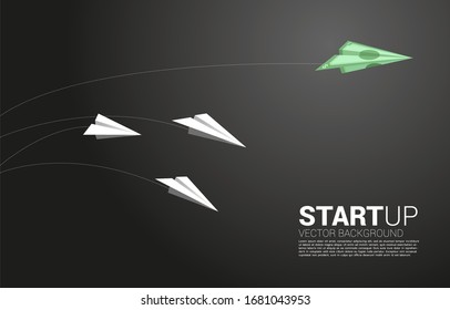 Money Banknote Origami Paper Airplane Move Farther Than White Airplane. Business Concept Of Investor And Venture Capital.