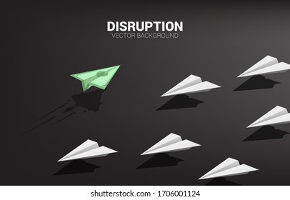 money banknote origami paper airplane go different way from group of white. Business Concept of disruption and vision mission.
