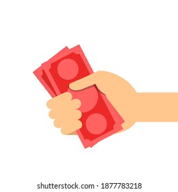 money banknote red in hand holding isolated on white, illustration money in hand, savings money concept