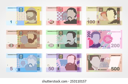 Money banknote set vector illustration. Ukrainian Hryvnia set.