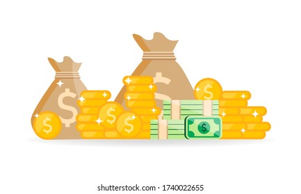 Geld, Banknoten, Stack von Münzen oder Dollar-Wechselsymbol flach auf isoliertem weißen Hintergrund. EPS 10 Vektor.