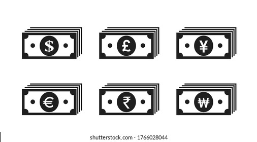 iconos de pila de billetes de dinero. el dólar, el euro, la libra esterlina británica, el yen japonés, la rupia india y el coreano ganaron dinero. elemento de diseño de infografía financiera y bancaria