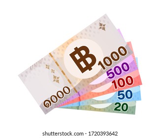 money banknote thai baht isolated on white background, paper money 1000, 500, 100, 50, 20 type, bank note money thai baht for business and finance icon, pile banknote money isolated on white, vector