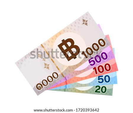 money banknote thai baht isolated on white background, paper money 1000, 500, 100, 50, 20 type, bank note money thai baht for business and finance icon, pile banknote money isolated on white, vector
