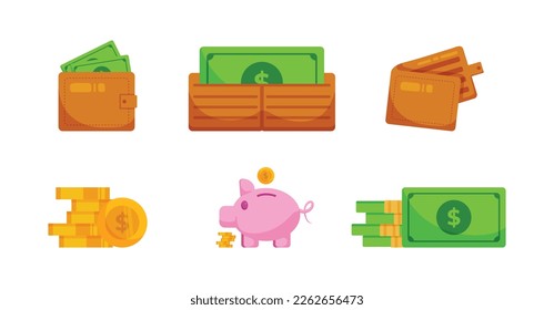 Money banknote in wallet,Open in wallet has banknote dollar,wallet and bag,Stacks coins dollars,piggy and save coins,Stacks banknote dollar.Money and wallet,Save money in wallet isometric vector