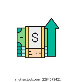 Money banknotes with up arrow, money interest rate increase color lineal icon. Cash payment, paper bill, dollar symbol design.