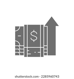 Money banknotes with up arrow, money interest rate increase grey fill icon. Cash payment, paper bill, dollar symbol design.